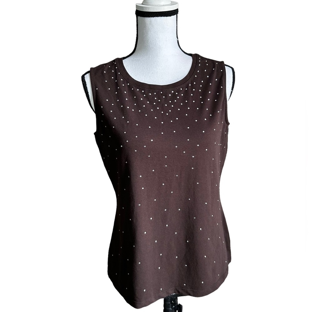 Vtg Talbots Sleeveless Top Brown Diamond Rhinestones Small